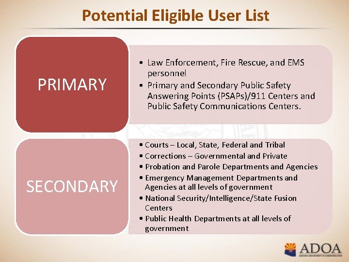 Potential Eligible User List PRIMARY • Law Enforcement, Fire Rescue, and EMS personnel •