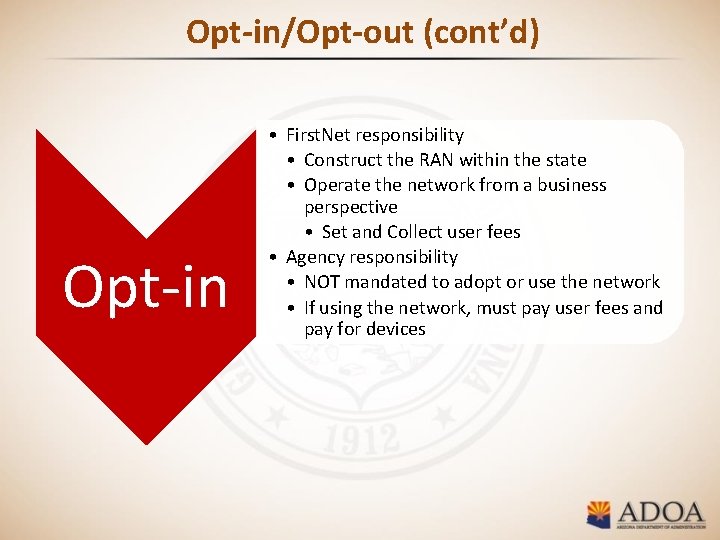 Opt-in/Opt-out (cont’d) Opt-in • First. Net responsibility • Construct the RAN within the state