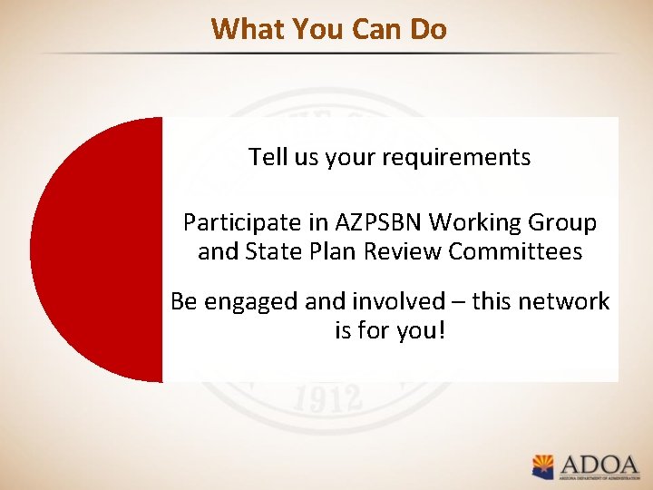 What You Can Do Tell us your requirements Participate in AZPSBN Working Group and