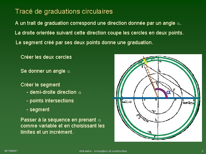 Tracé de graduations circulaires A un trait de graduation correspond une direction donnée par