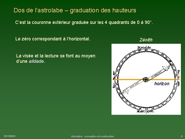 Dos de l’astrolabe – graduation des hauteurs C’est la couronne extérieur graduée sur les