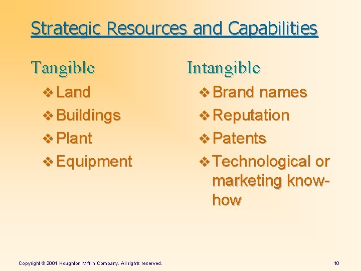 Strategic Resources and Capabilities Tangible Intangible v Land v Brand names v Buildings v