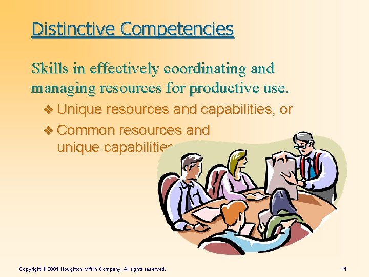 Distinctive Competencies Skills in effectively coordinating and managing resources for productive use. v Unique