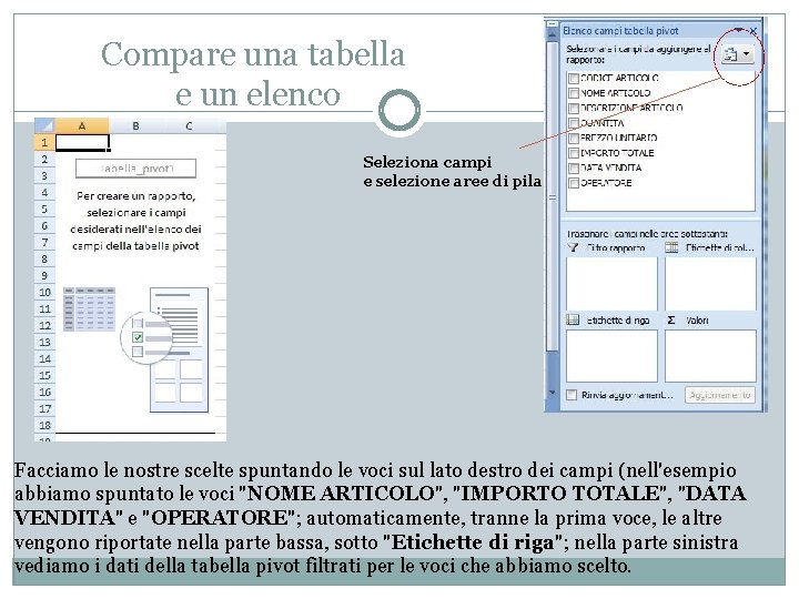 Compare una tabella e un elenco Seleziona campi e selezione aree di pila Facciamo