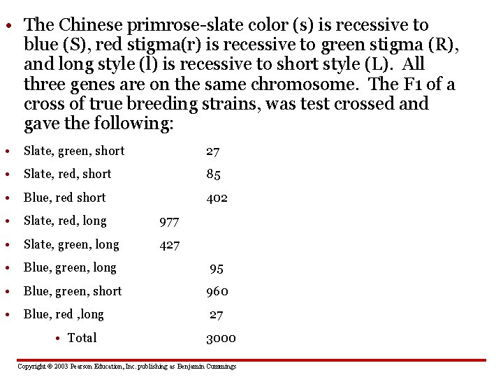  • The Chinese primrose-slate color (s) is recessive to blue (S), red stigma(r)