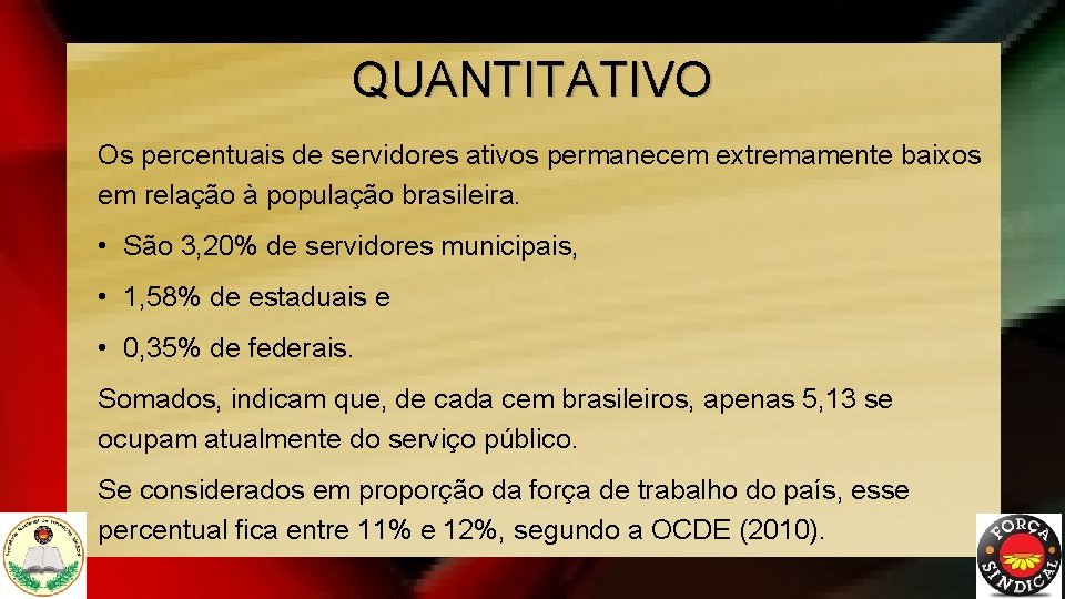 QUANTITATIVO Os percentuais de servidores ativos permanecem extremamente baixos em relação à população brasileira.