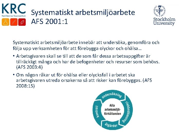 Systematiskt arbetsmiljöarbete AFS 2001: 1 Systematiskt arbetsmiljöarbete innebär att undersöka, genomföra och följa upp