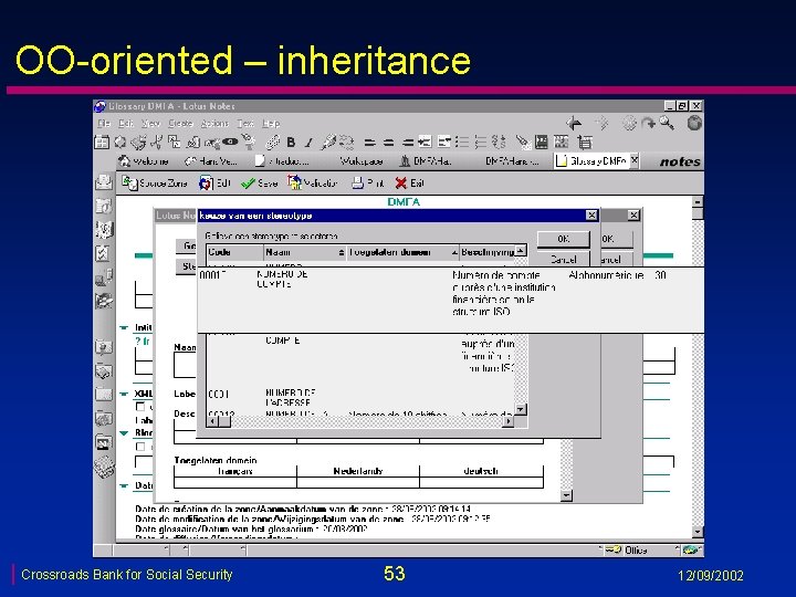 OO-oriented – inheritance Crossroads Bank for Social Security 53 12/09/2002 