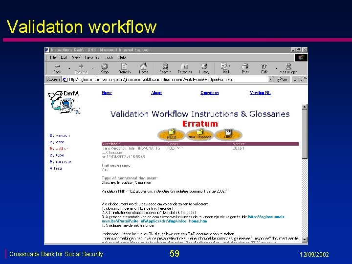 Validation workflow Crossroads Bank for Social Security 59 12/09/2002 