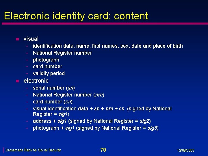 Electronic identity card: content n visual - n identification data: name, first names, sex,