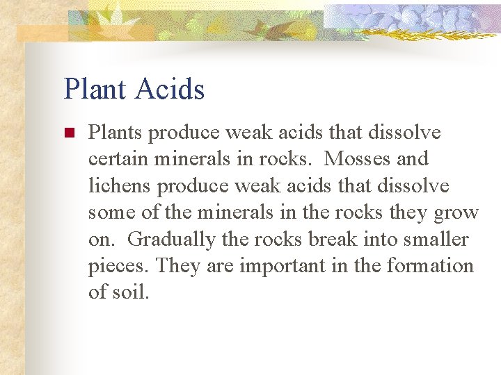 Plant Acids n Plants produce weak acids that dissolve certain minerals in rocks. Mosses