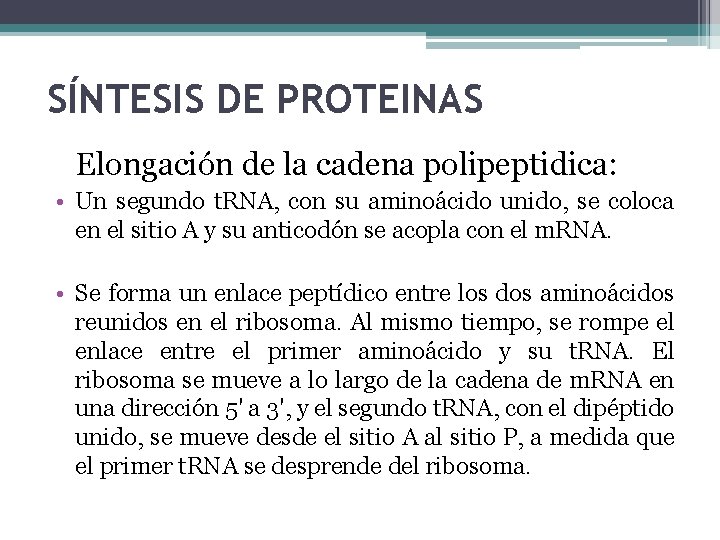 SÍNTESIS DE PROTEINAS Elongación de la cadena polipeptidica: • Un segundo t. RNA, con