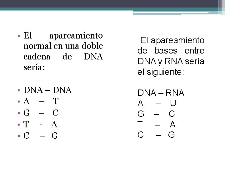  • El apareamiento normal en una doble cadena de DNA sería: • •