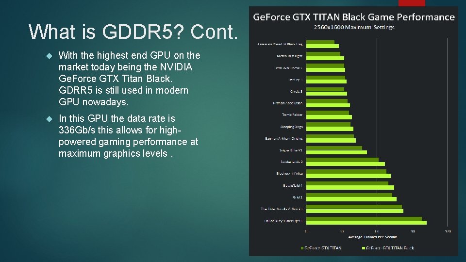 What is GDDR 5? Cont. With the highest end GPU on the market today