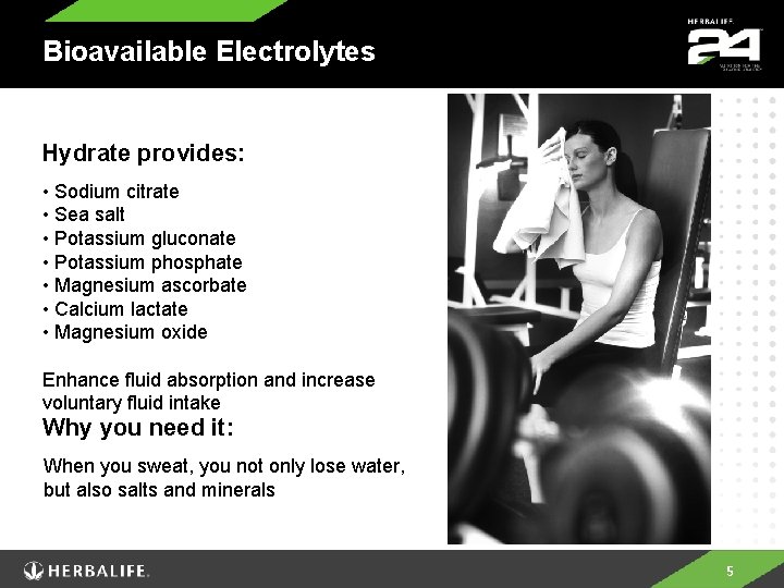 Bioavailable Electrolytes Hydrate provides: • Sodium citrate • Sea salt • Potassium gluconate •