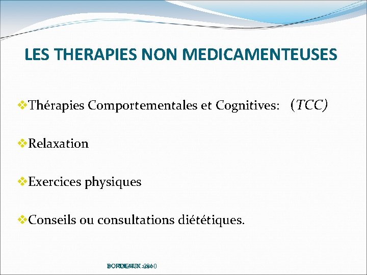 LES THERAPIES NON MEDICAMENTEUSES v. Thérapies Comportementales et Cognitives: (TCC) v. Relaxation v. Exercices