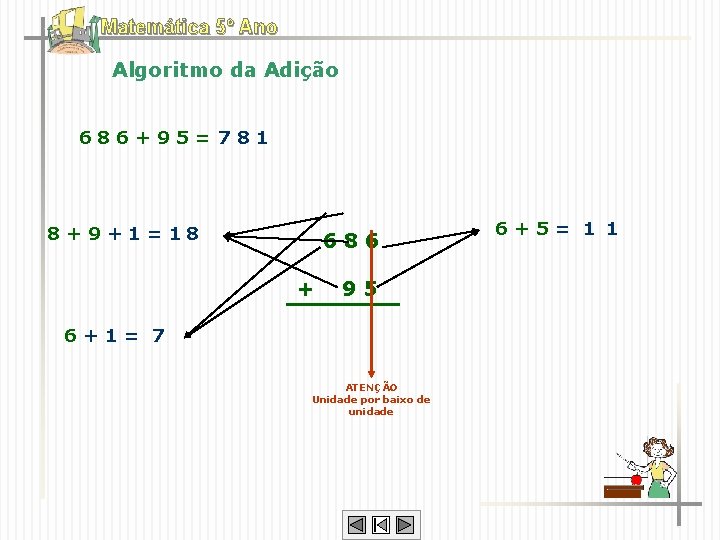 Matemática 5º Ano Algoritmo da Adição 686+95= 781 8 + 9 + 1 =
