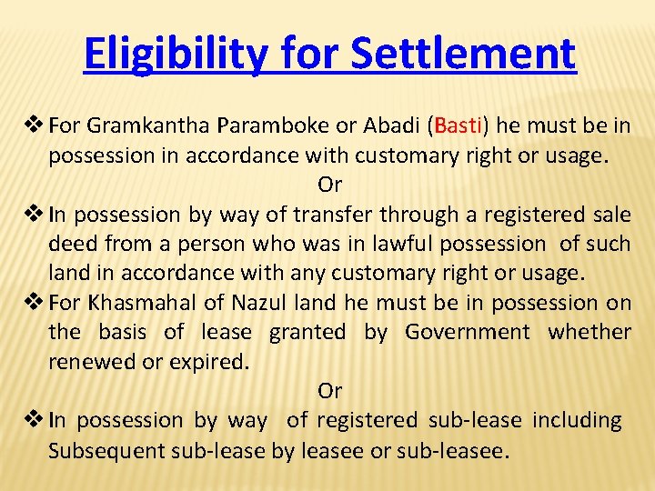 Eligibility for Settlement v For Gramkantha Paramboke or Abadi (Basti) he must be in