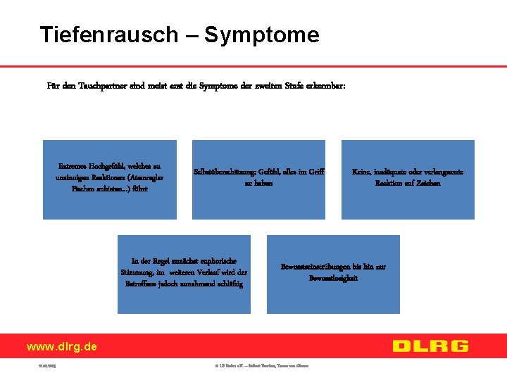 Tiefenrausch – Symptome Für den Tauchpartner sind meist erst die Symptome der zweiten Stufe