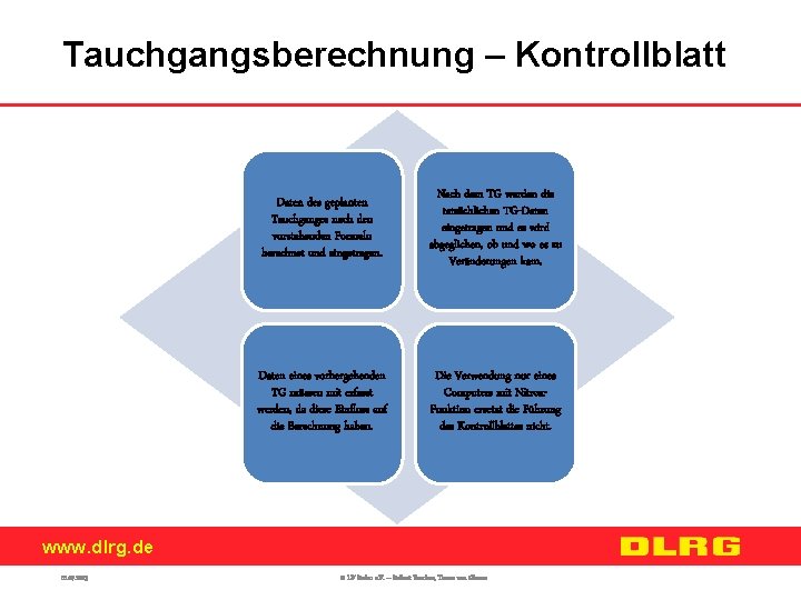 Tauchgangsberechnung – Kontrollblatt Daten des geplanten Tauchganges nach den vorstehenden Formeln berechnet und eingetragen.