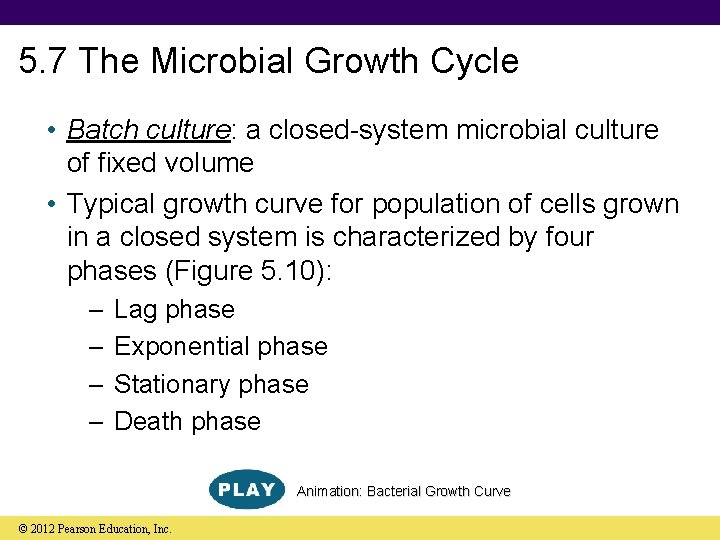 5. 7 The Microbial Growth Cycle • Batch culture: a closed-system microbial culture of