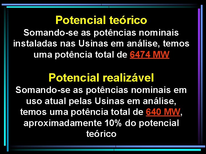 Potencial teórico Somando-se as potências nominais instaladas nas Usinas em análise, temos uma potência