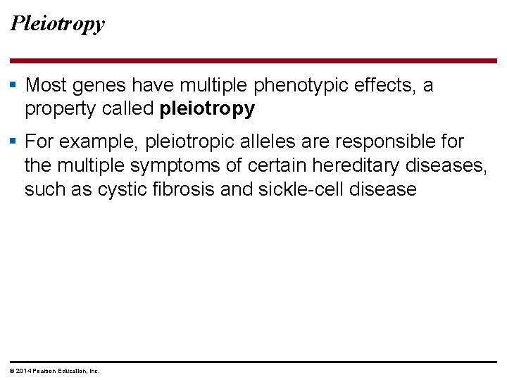 Pleiotropy § Most genes have multiple phenotypic effects, a property called pleiotropy § For