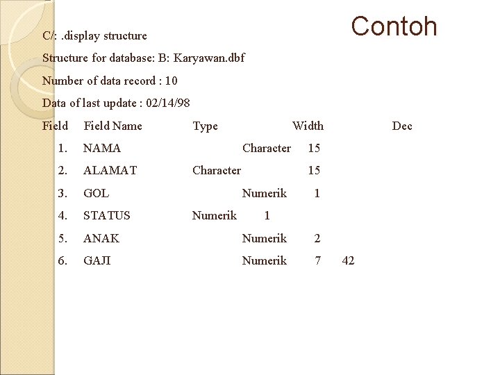 Contoh C/: . display structure Structure for database: B: Karyawan. dbf Number of data