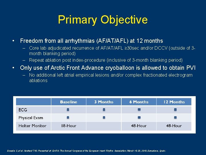 Primary Objective • Freedom from all arrhythmias (AF/AT/AFL) at 12 months – Core lab