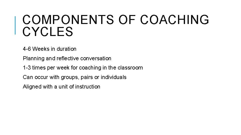 COMPONENTS OF COACHING CYCLES 4 -6 Weeks in duration Planning and reflective conversation 1