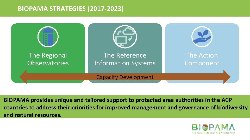 BIOPAMA STRATEGIES (2017 -2023) The Regional Observatories The Reference Information Systems The Action Component