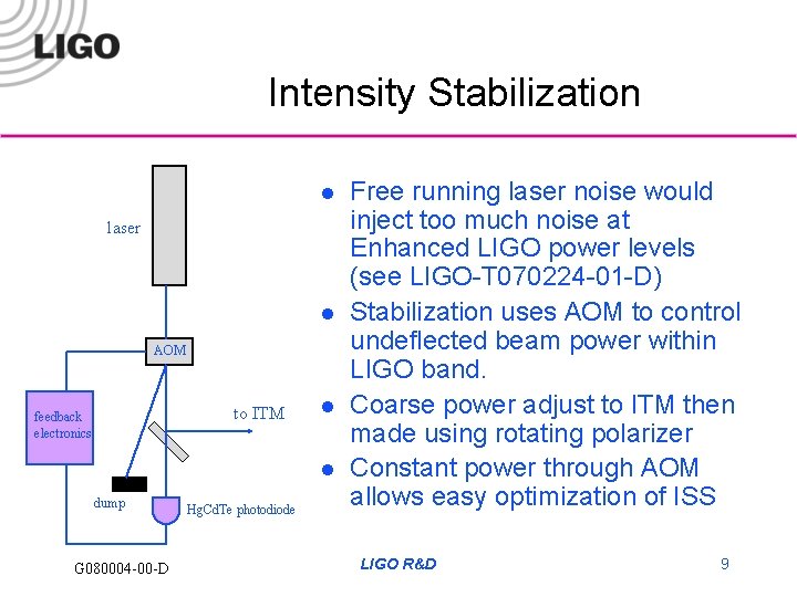 Intensity Stabilization l laser l AOM to ITM feedback electronics l l dump G