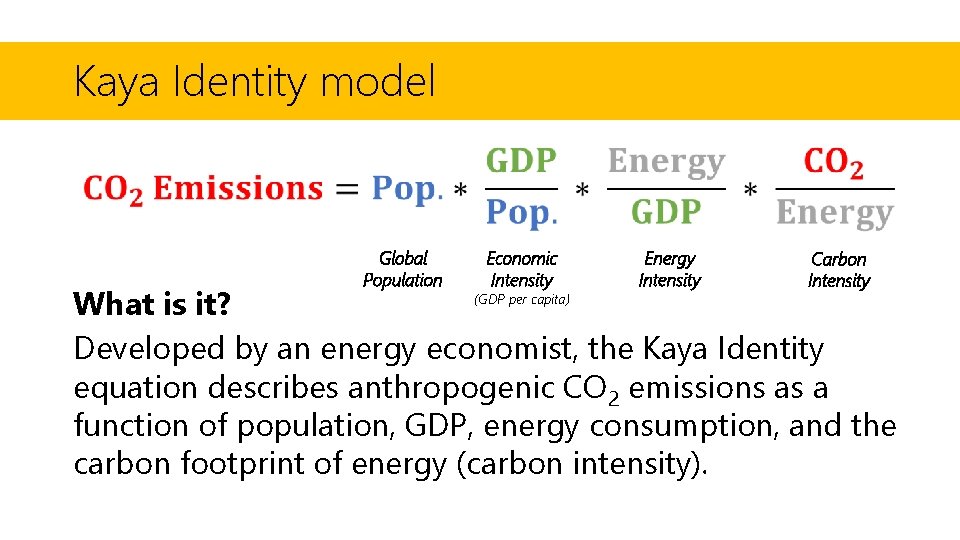 Kaya Identity model Global Population Economic Intensity Energy Intensity Carbon Intensity (GDP per capita)