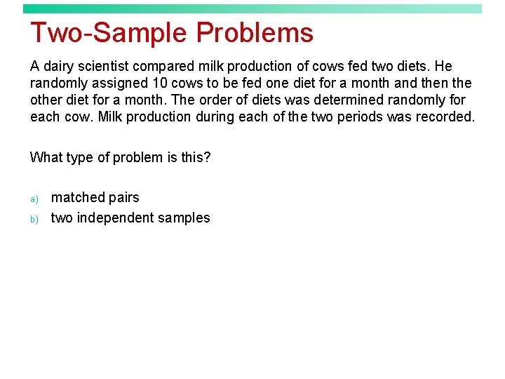 Two-Sample Problems A dairy scientist compared milk production of cows fed two diets. He
