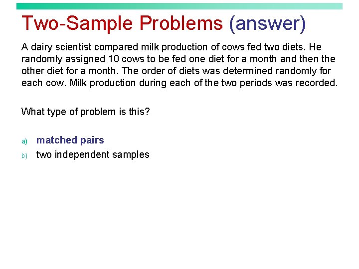 Two-Sample Problems (answer) A dairy scientist compared milk production of cows fed two diets.