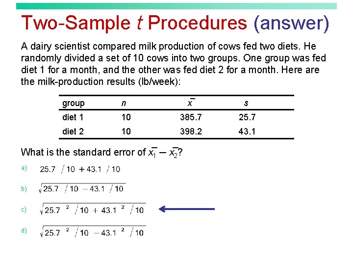 Two-Sample t Procedures (answer) A dairy scientist compared milk production of cows fed two