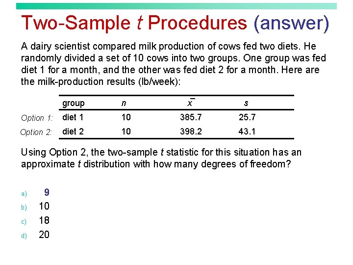 Two-Sample t Procedures (answer) A dairy scientist compared milk production of cows fed two