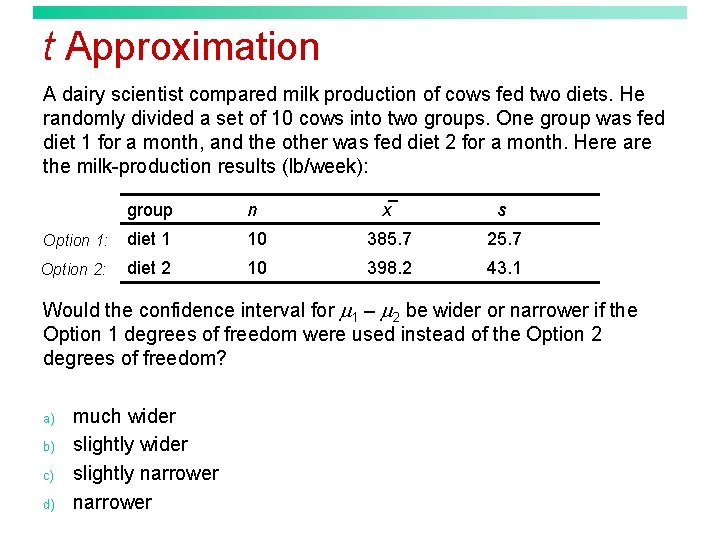 t Approximation A dairy scientist compared milk production of cows fed two diets. He