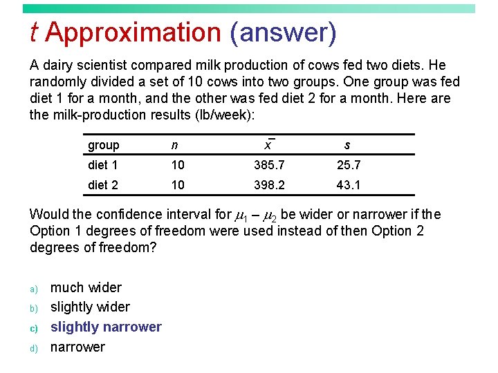 t Approximation (answer) A dairy scientist compared milk production of cows fed two diets.