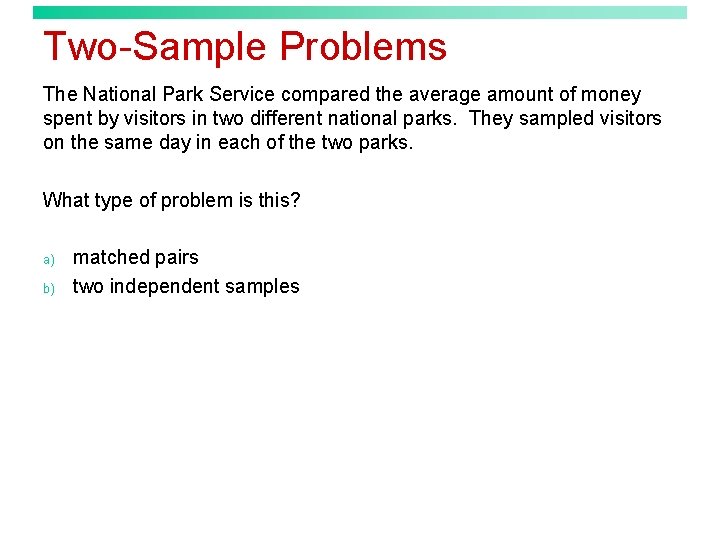 Two-Sample Problems The National Park Service compared the average amount of money spent by