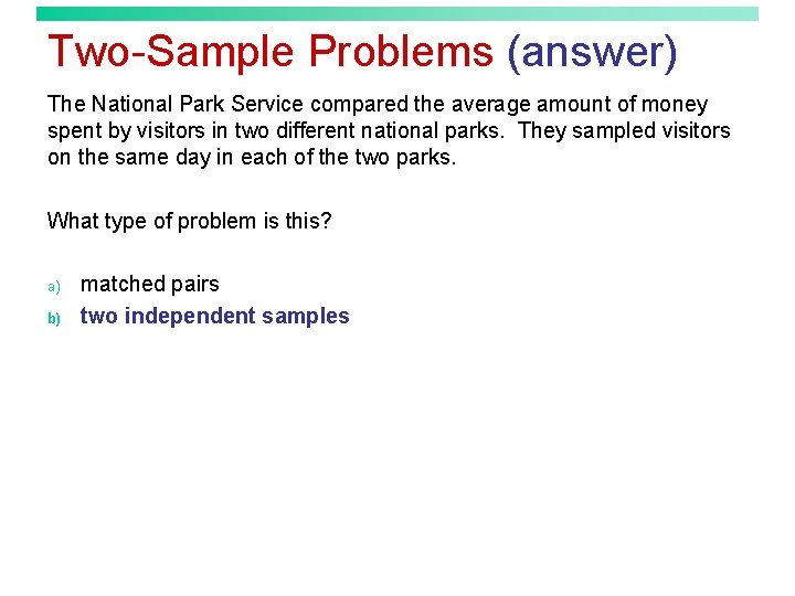 Two-Sample Problems (answer) The National Park Service compared the average amount of money spent