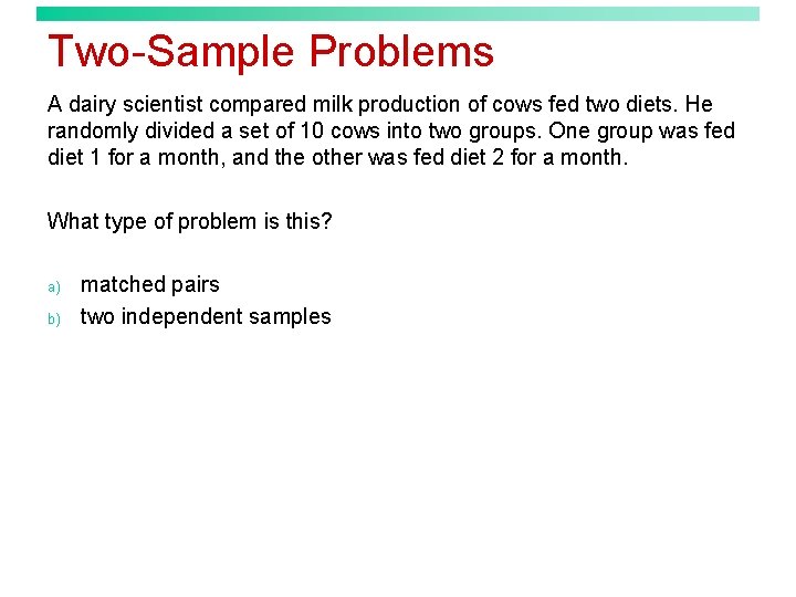 Two-Sample Problems A dairy scientist compared milk production of cows fed two diets. He