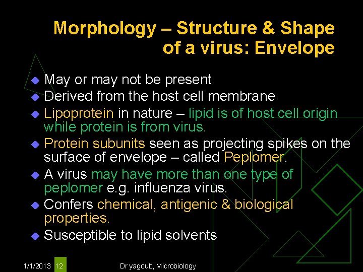 Morphology – Structure & Shape of a virus: Envelope May or may not be