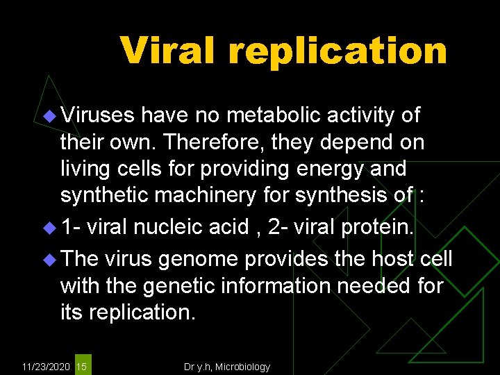 Viral replication u Viruses have no metabolic activity of their own. Therefore, they depend