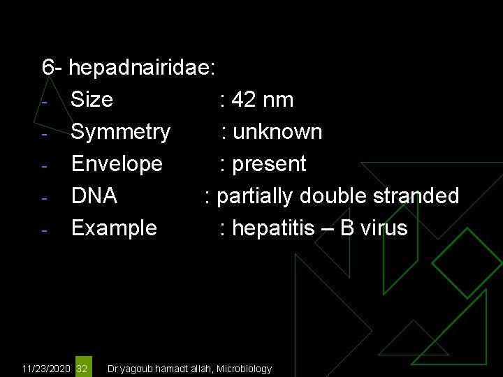 6 - hepadnairidae: - Size : 42 nm - Symmetry : unknown - Envelope