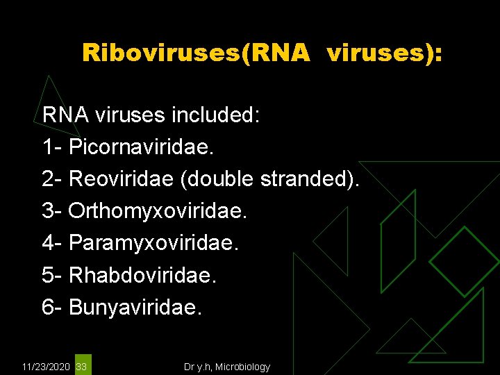 Riboviruses(RNA viruses): RNA viruses included: 1 - Picornaviridae. 2 - Reoviridae (double stranded). 3