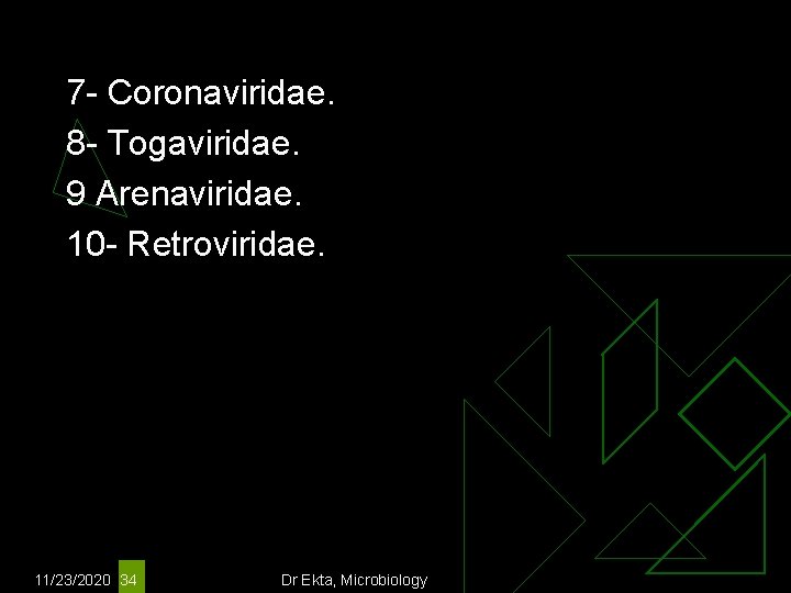 7 - Coronaviridae. 8 - Togaviridae. 9 Arenaviridae. 10 - Retroviridae. 11/23/2020 34 Dr