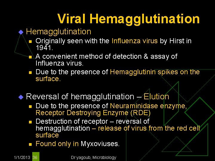 Viral Hemagglutination u Hemagglutination n u Originally seen with the Influenza virus by Hirst