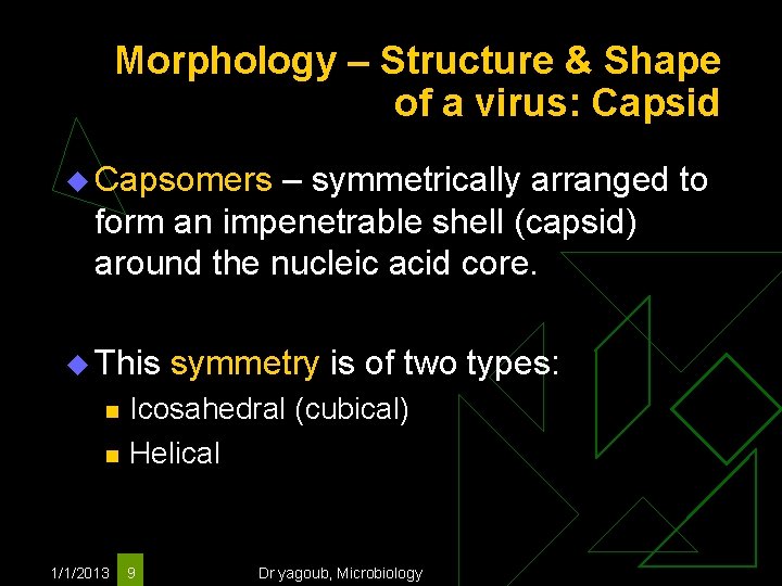 Morphology – Structure & Shape of a virus: Capsid u Capsomers – symmetrically arranged