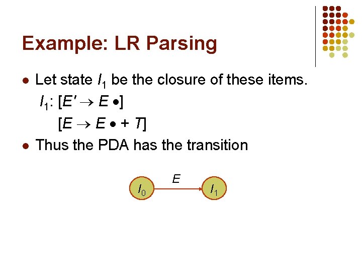 Example: LR Parsing l l Let state I 1 be the closure of these